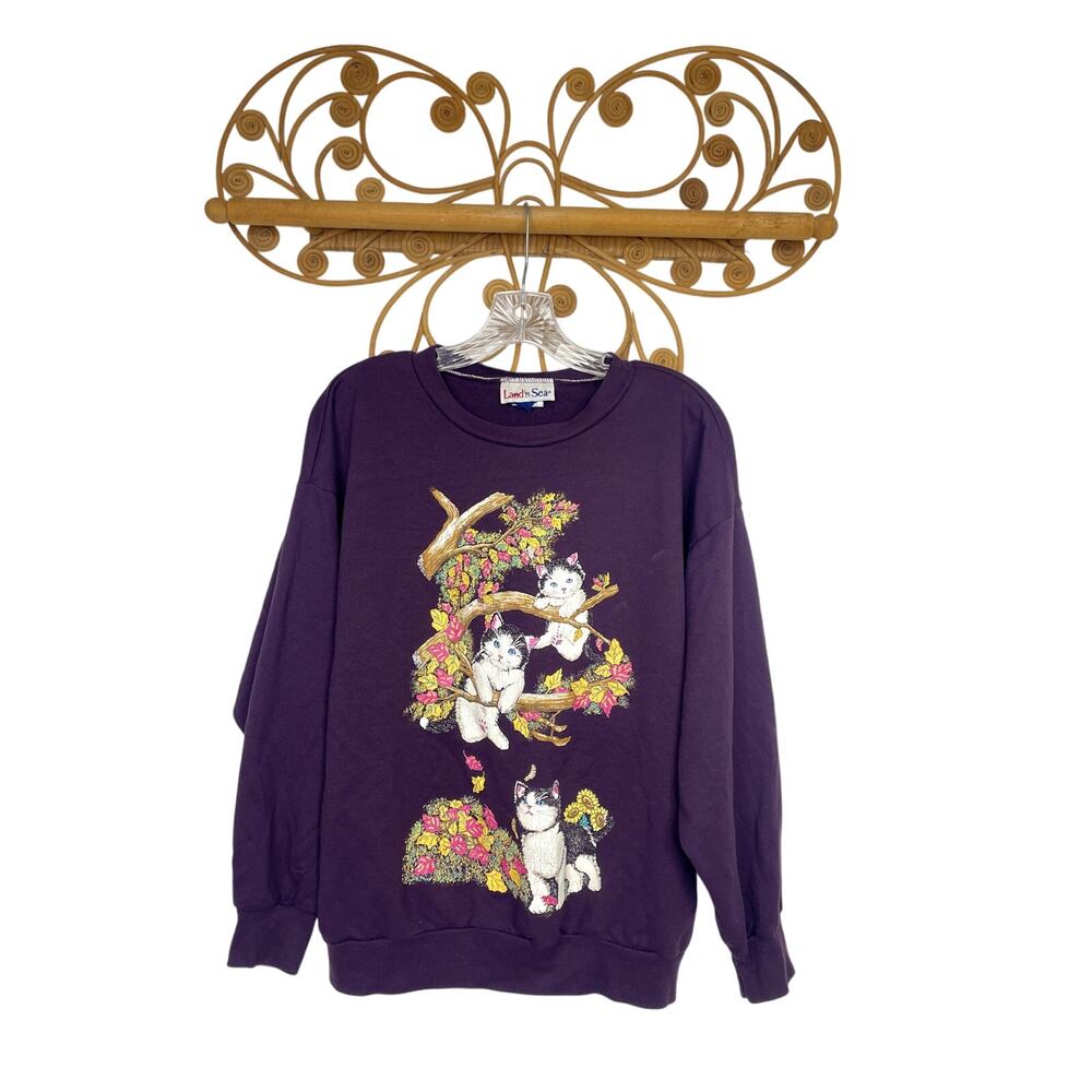 Vintage Kittens on tree graphic purple grandma crew neck sweatshirt L